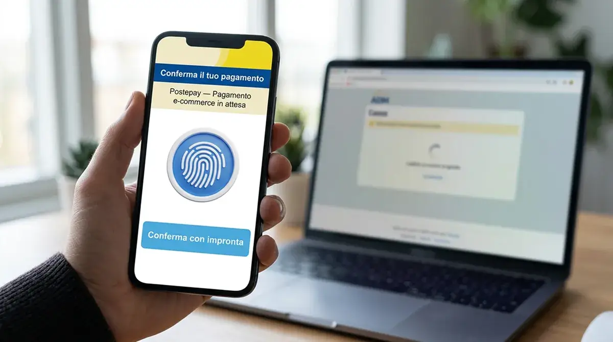 Schermata di autenticazione 3D Secure Postepay con notifica push biometrica sullo smartphone durante un deposito