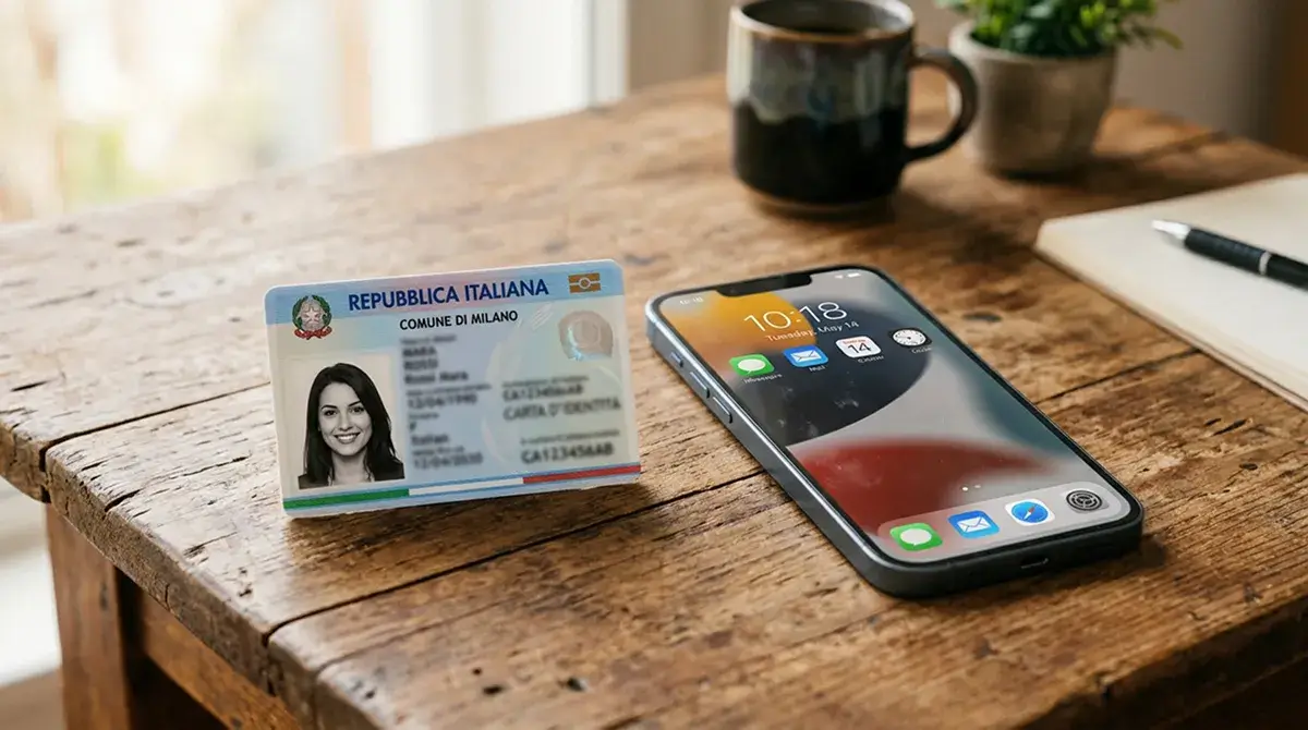 Documento d'identità italiano stilizzato accanto a smartphone su scrivania con luce naturale
