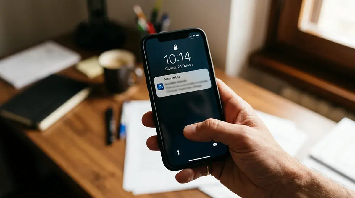 Mano che tiene uno smartphone con notifica push di accredito ricevuto su carta prepagata