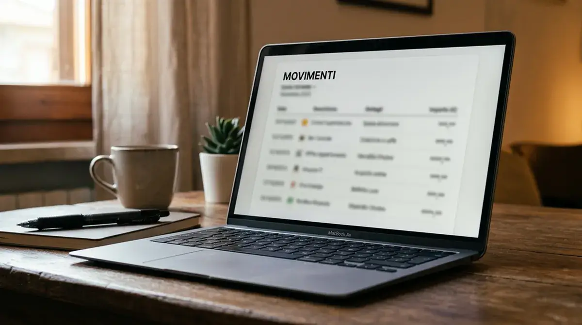 Schermo di laptop con elenco generico di voci accanto a una penna posata su scrivania