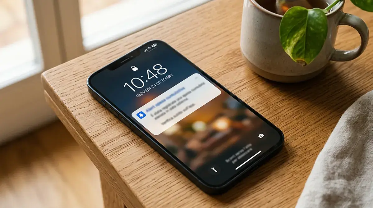 Smartphone con notifica push generica di alert spesa in italiano su sfondo neutro
