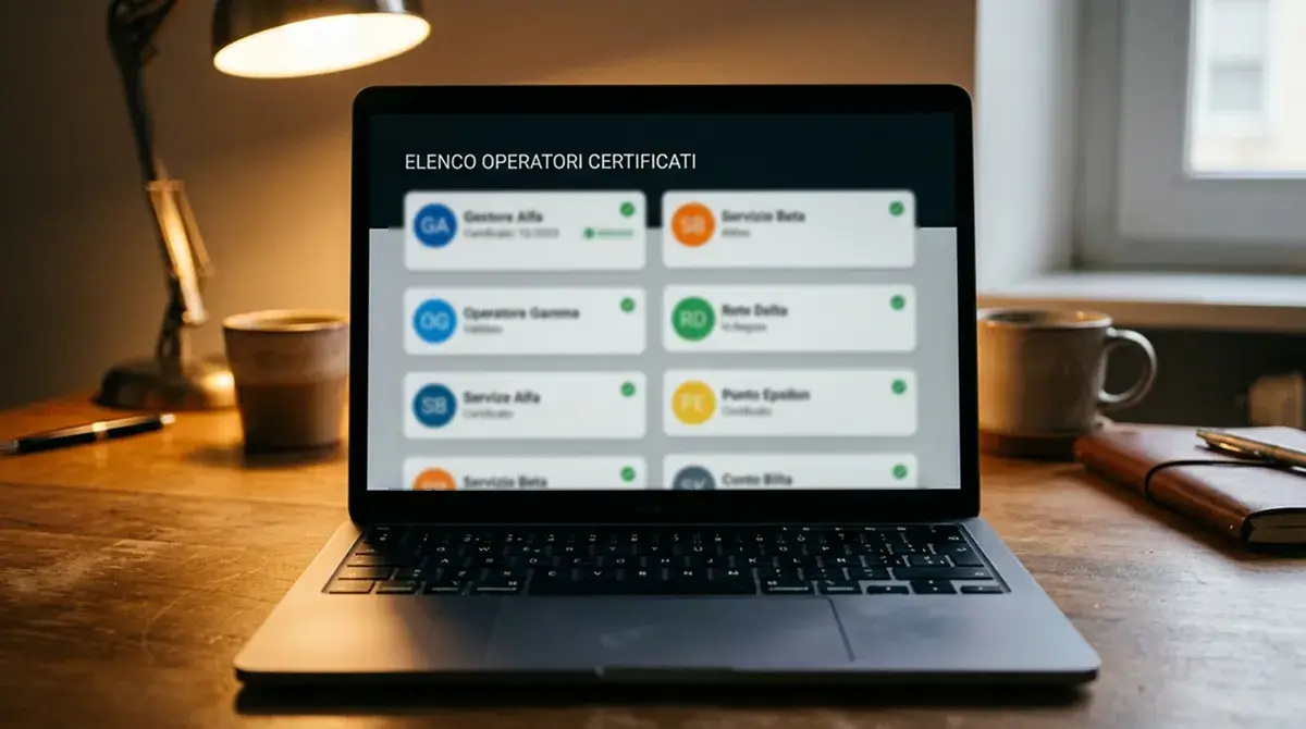 Schermo di laptop con elenco di operatori generici con simboli di certificazione
