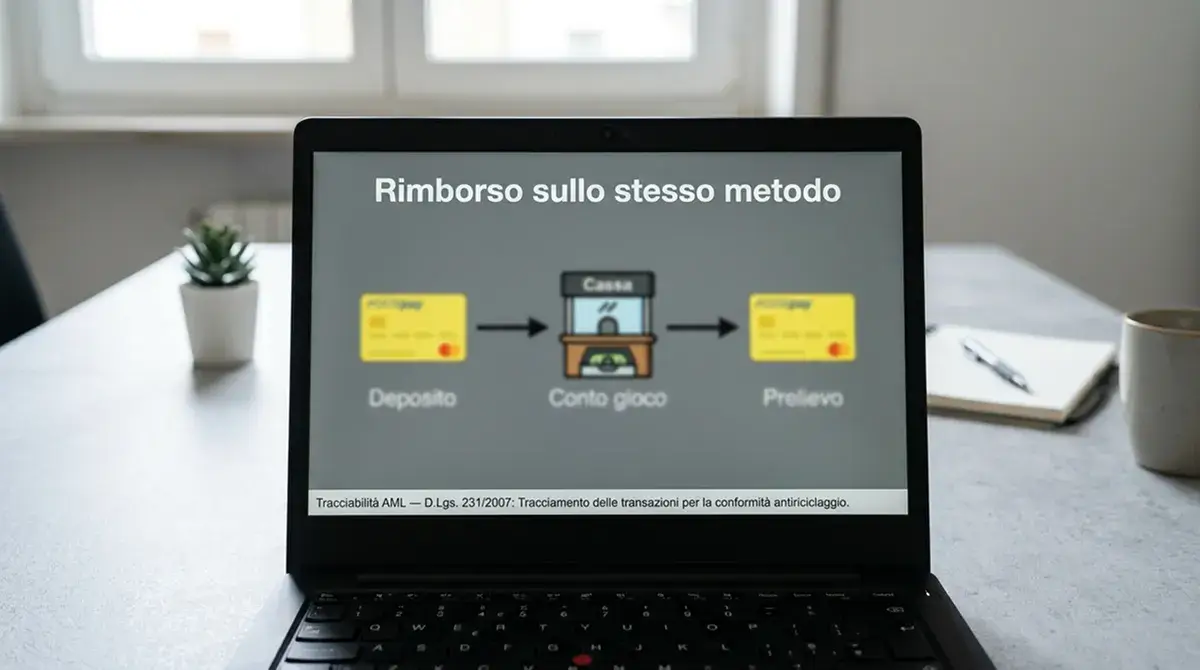 Diagramma illustrativo del flusso di rimborso sullo stesso metodo di pagamento per i prelievi nei casino ADM