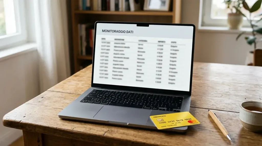 Schermo di laptop con interfaccia di monitoraggio generica accanto a una carta prepagata gialla