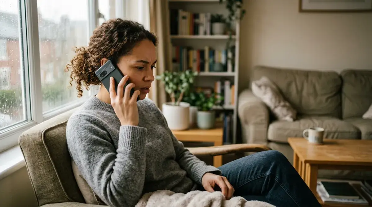 Persona riceve una telefonata di verifica antifrode tenendo lo smartphone vicino all'orecchio