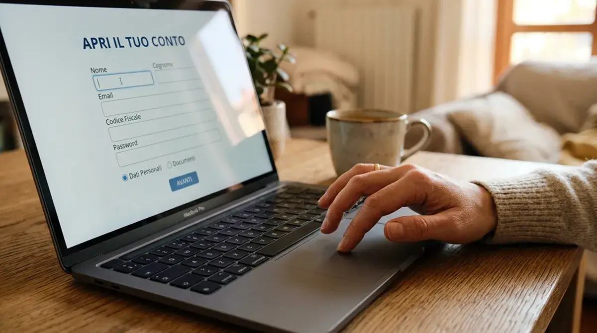 Mano che compila un modulo digitale di registrazione sullo schermo di un laptop