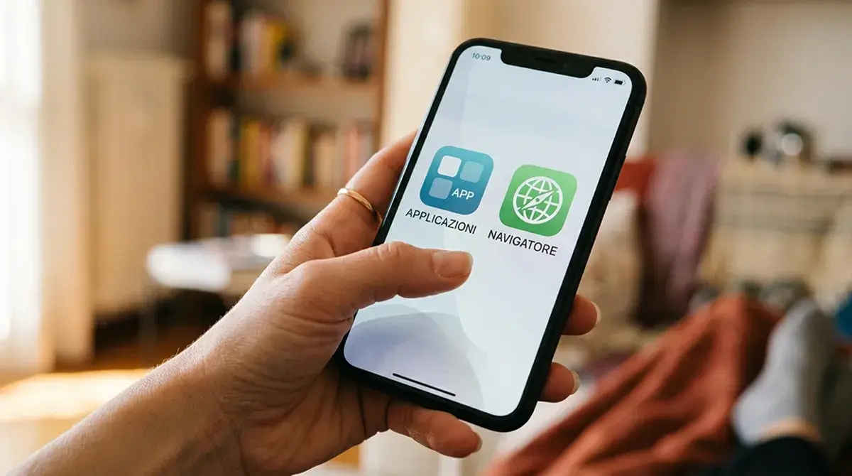 Mano che tiene uno smartphone con due icone affiancate che rappresentano un'app e un browser