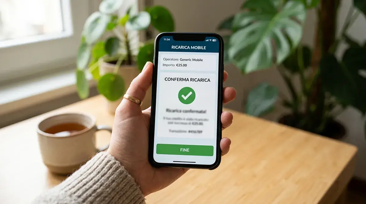 Mano che usa un'app di ricarica su smartphone con interfaccia in italiano e conferma di pagamento istantaneo