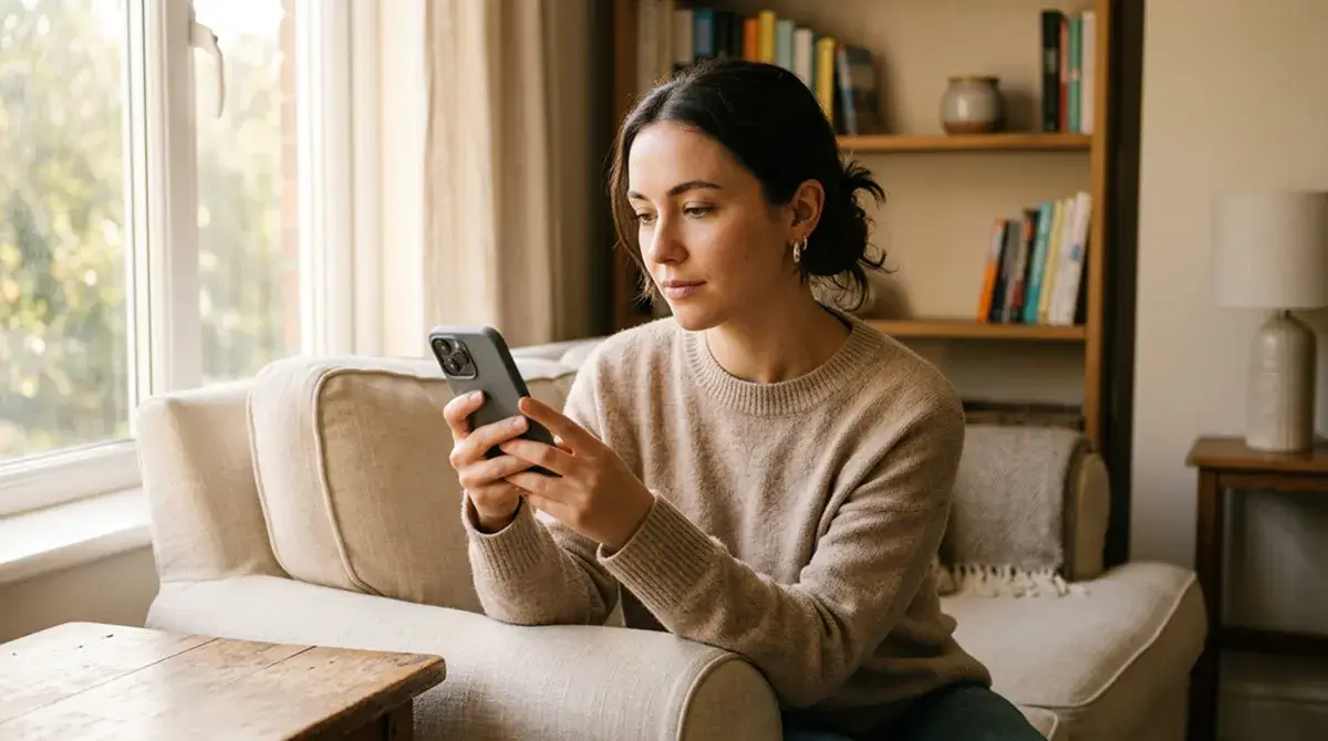 Persona pensierosa guarda uno smartphone tenendolo davanti a sé in una stanza tranquilla