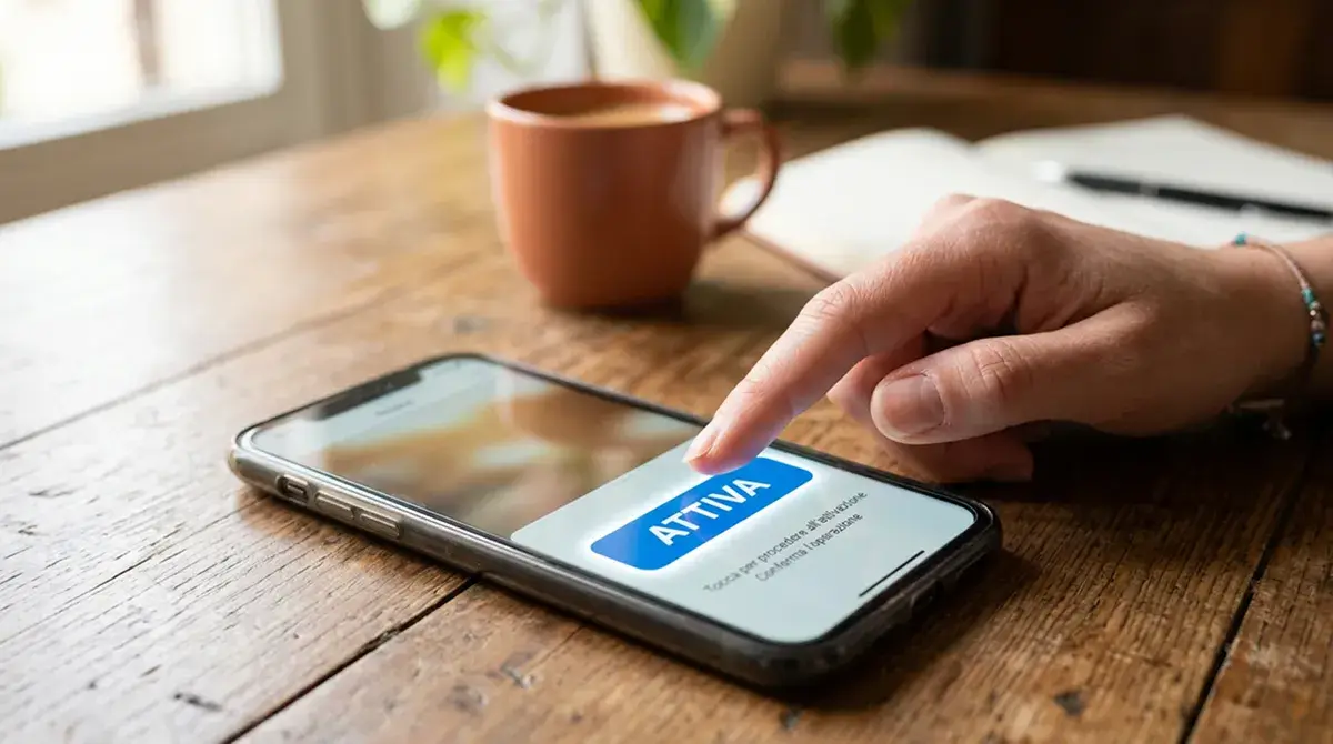 Mano che tocca un pulsante di conferma su un'app di gestione carte su smartphone