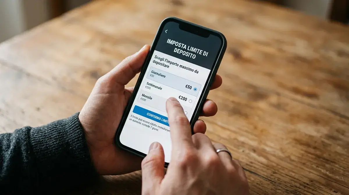 Mano che imposta un limite su uno smartphone con interfaccia di gioco responsabile in italiano