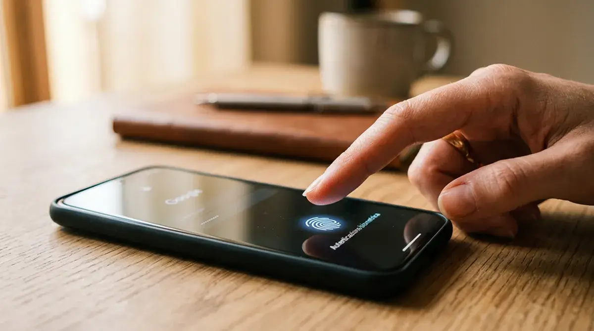 Mano con polpastrello che si avvicina al sensore di impronta digitale di uno smartphone moderno
