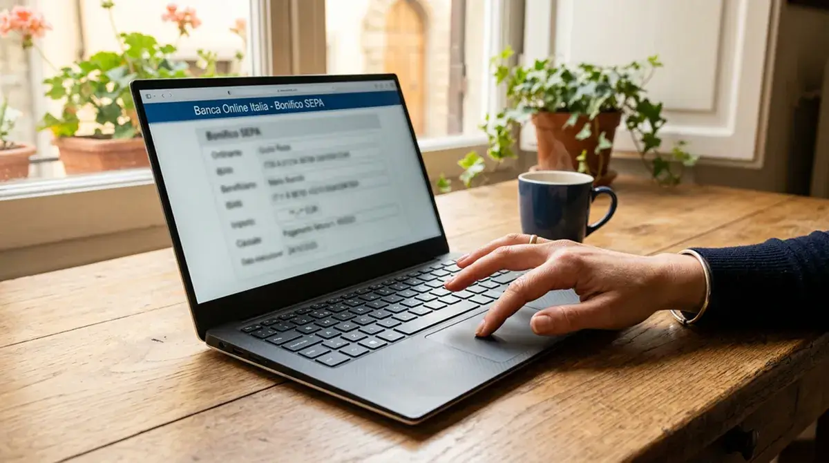 Mano che usa un laptop per impostare un bonifico SEPA verso una carta prepagata