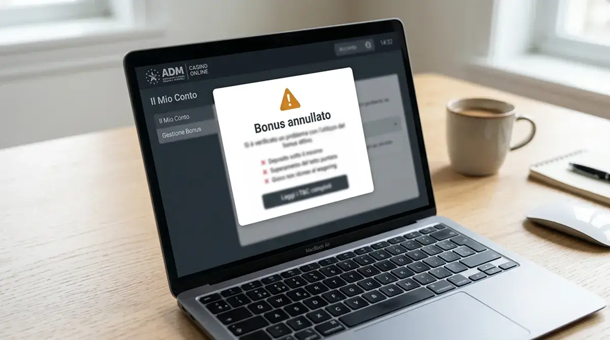 Notifica di annullamento del saldo bonus nel conto di gioco con elenco delle clausole che l'hanno causato