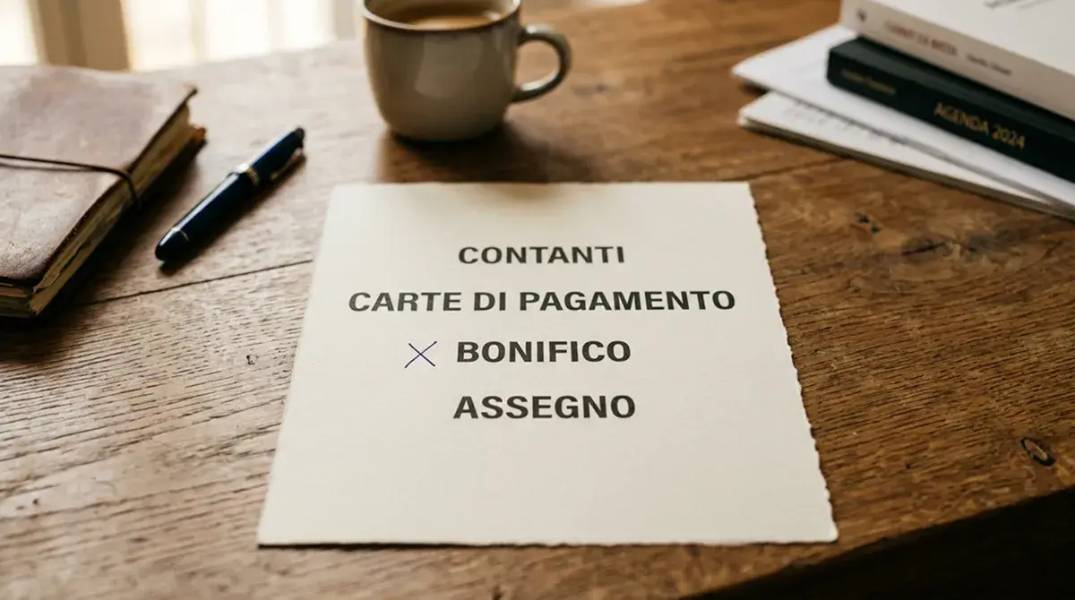 Foglio stampato con elenco di metodi di pagamento e una marcatura di esclusione su uno di essi