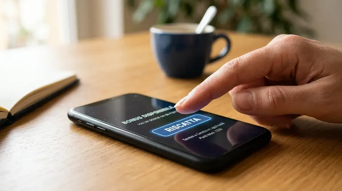 Mano che tocca un pulsante 'Riscatta' su uno smartphone con interfaccia generica di bonus