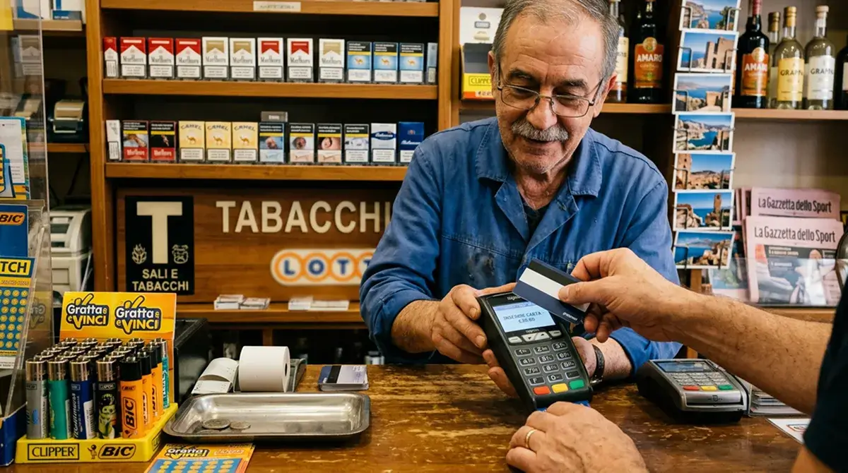 Banco di una tabaccheria italiana con terminale di pagamento e cliente che effettua una ricarica