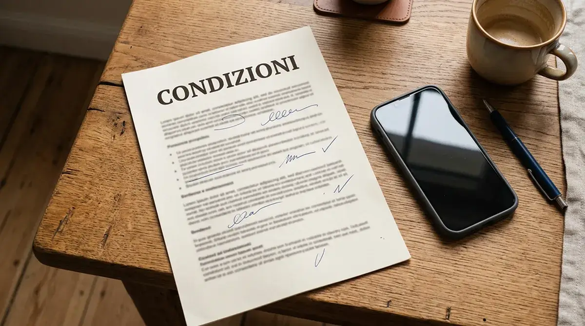 Documento cartaceo con sintesi delle condizioni di una carta prepagata accanto a smartphone