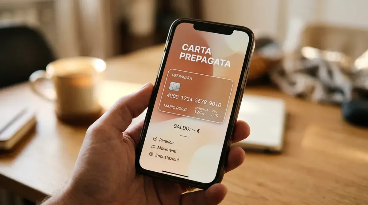 Schermo di smartphone con riquadro di una carta prepagata virtuale su sfondo neutro