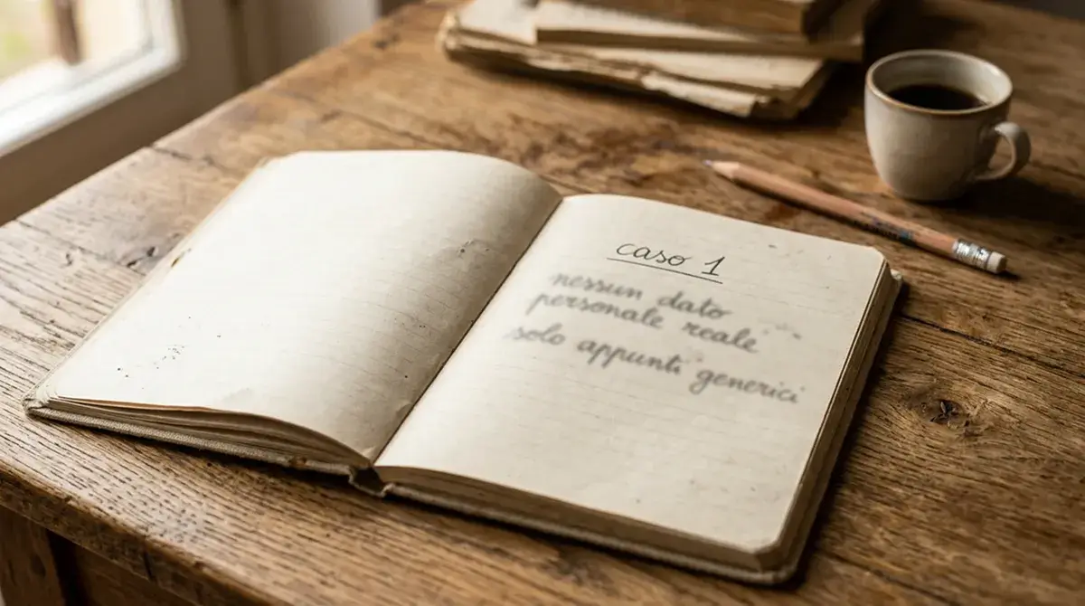 Notebook aperto con tre brevi righe annotate a mano libera in italiano
