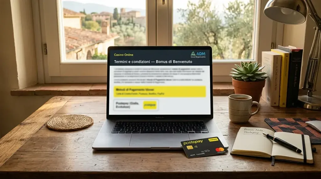 Termini e condizioni di un bonus di benvenuto in un casino ADM con specifiche sui metodi di pagamento idonei tra cui Postepay