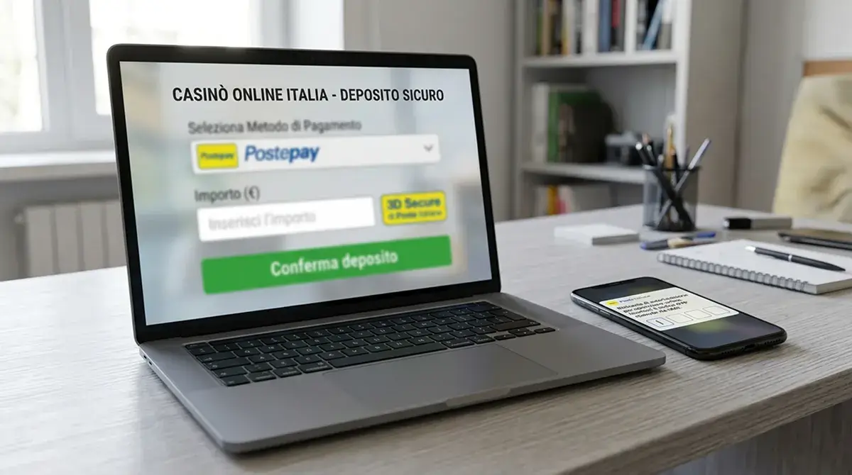 Cassa di un casino ADM su laptop con la selezione del metodo Postepay durante un deposito