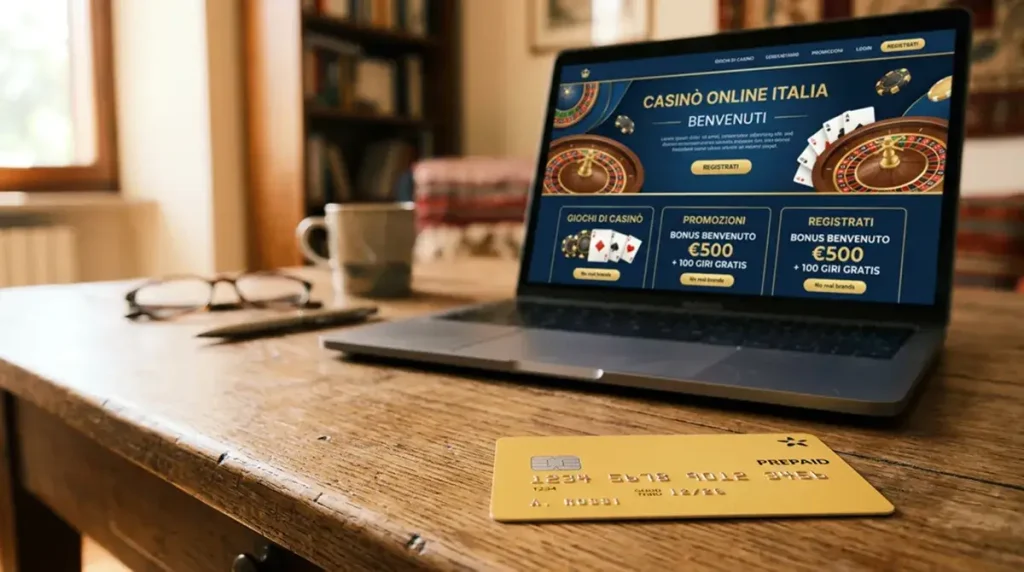 Generica carta prepagata gialla appoggiata su una scrivania con uno schermo di laptop sfocato sullo sfondo