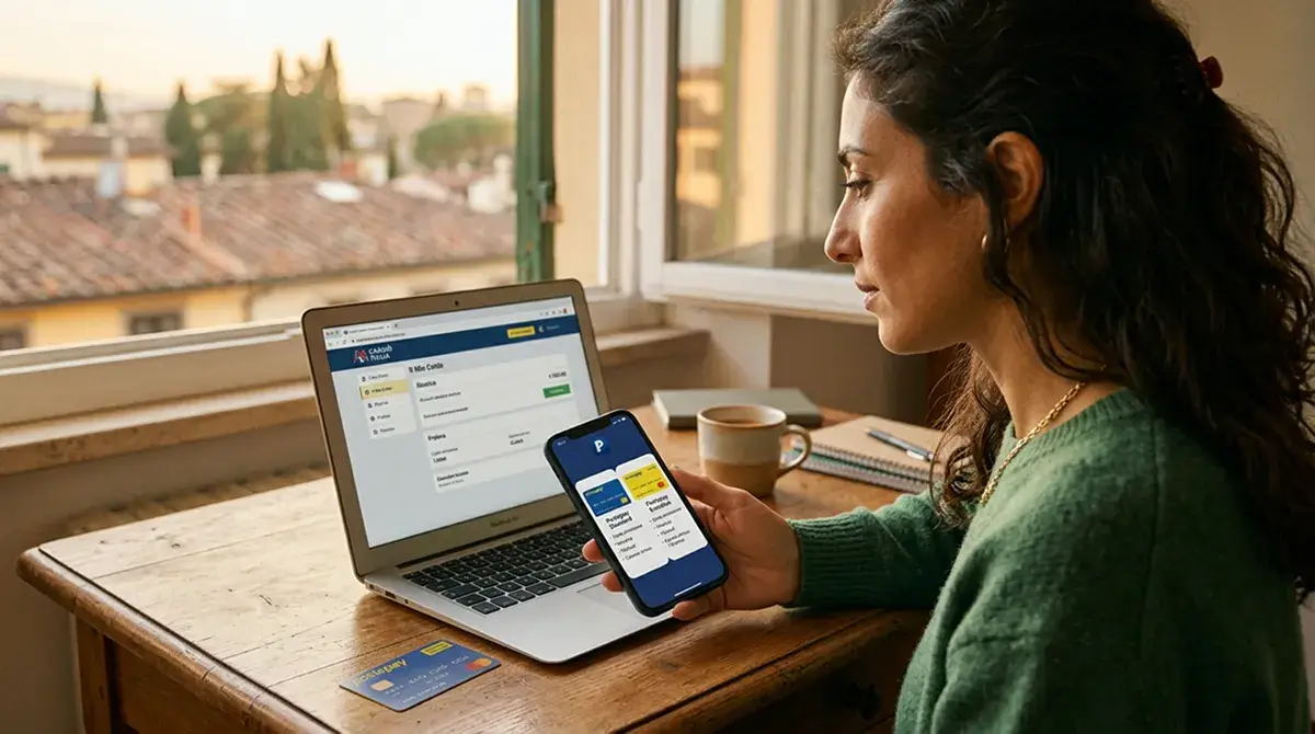 Persona che valuta tra diverse varianti di Postepay con lo smartphone in mano accanto a un conto gioco aperto