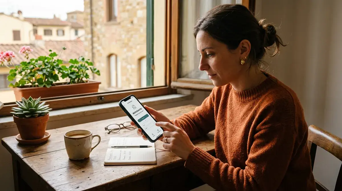 Persona davanti a smartphone con espressione concentrata che imposta un'app