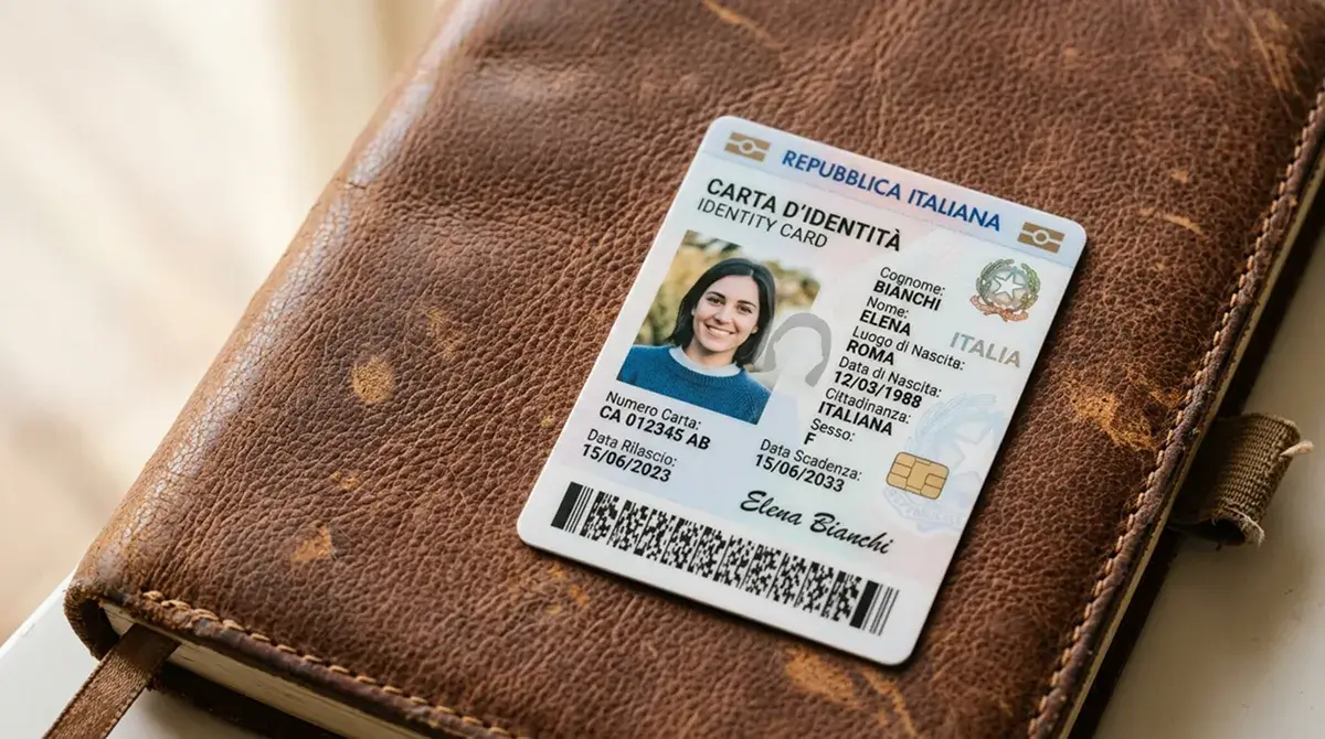 Carta d'identità elettronica generica posata su un'agenda di pelle marrone