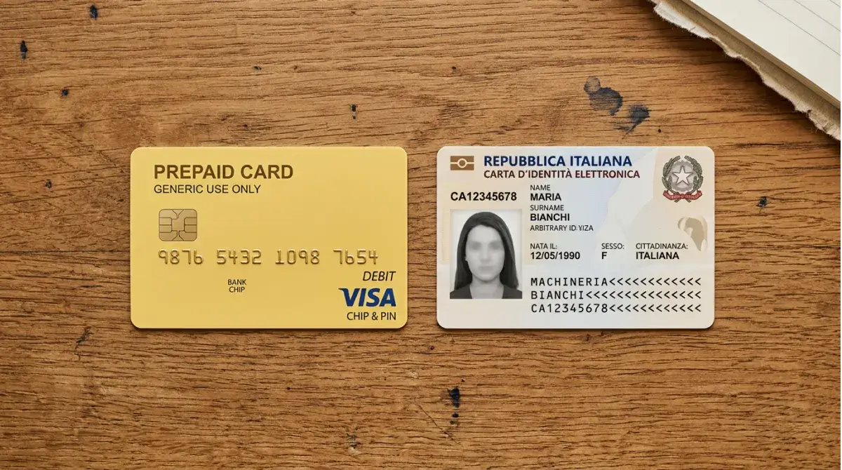 Generica carta prepagata gialla accanto a una carta d'identità elettronica stilizzata