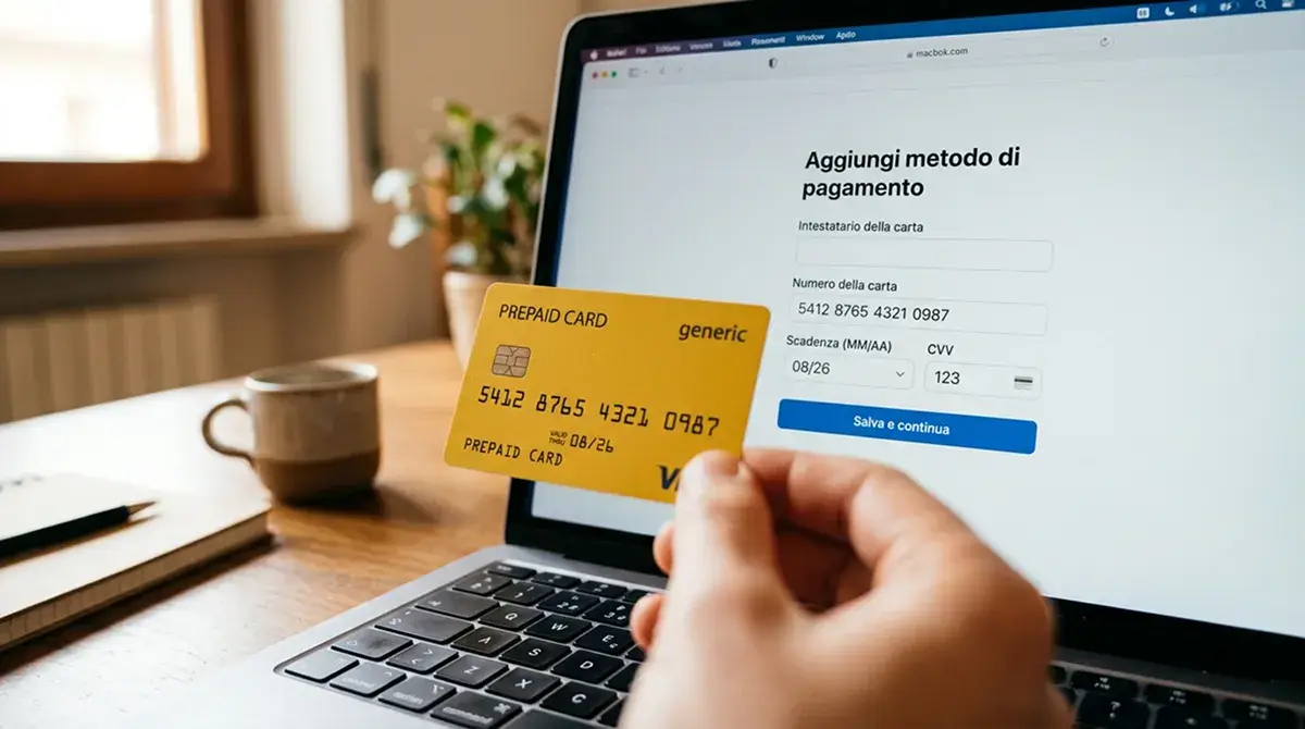 Generica carta prepagata gialla appoggiata davanti a uno schermo di laptop con form di pagamento