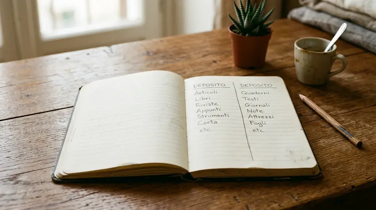 Notebook aperto con due colonne disegnate a mano e brevi annotazioni in italiano