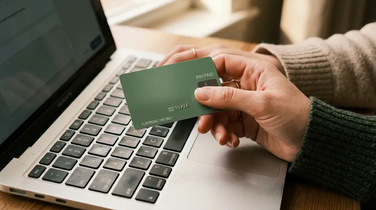 Due carte prepagate generiche di colori diversi davanti a uno schermo di laptop sfocato