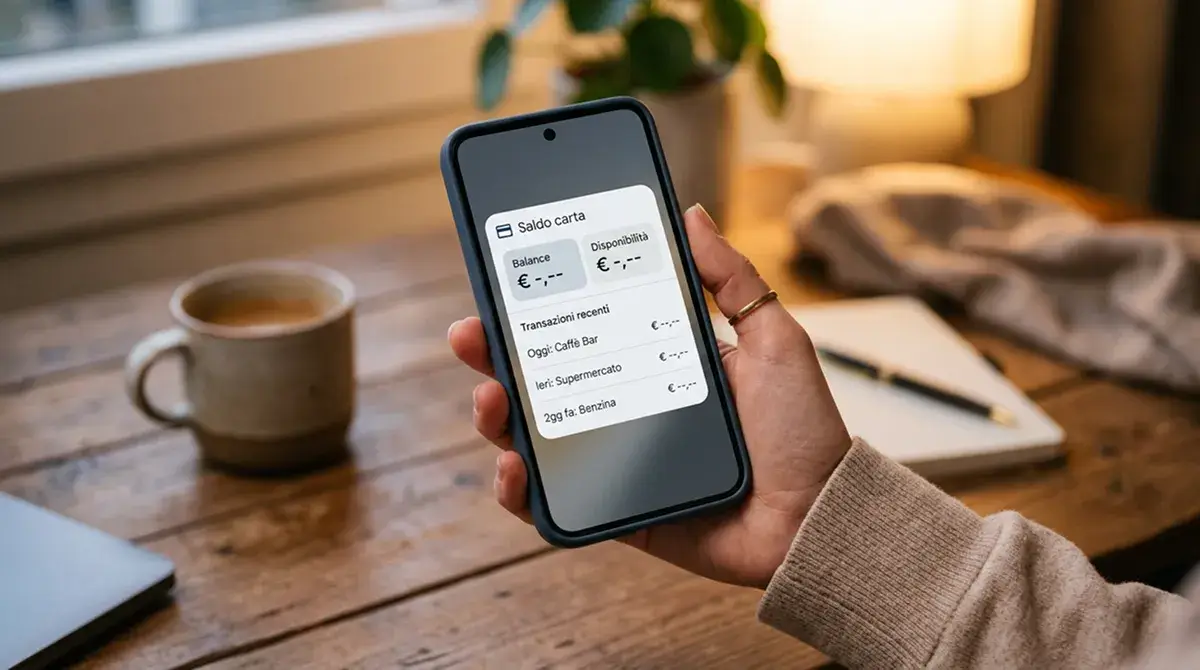 Mano che apre uno smartphone per consultare rapidamente un riquadro di saldo carta