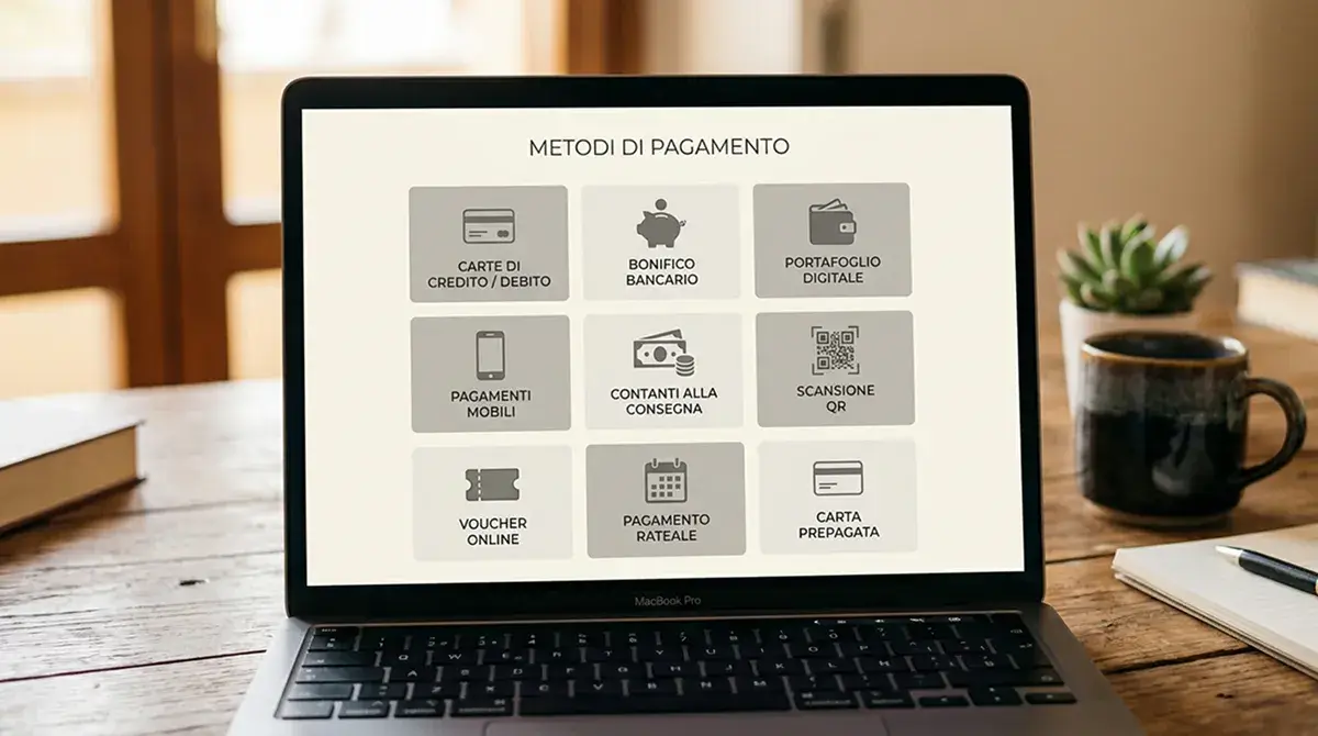 Schermo di laptop con sezione di metodi di pagamento disposti in una griglia neutrale