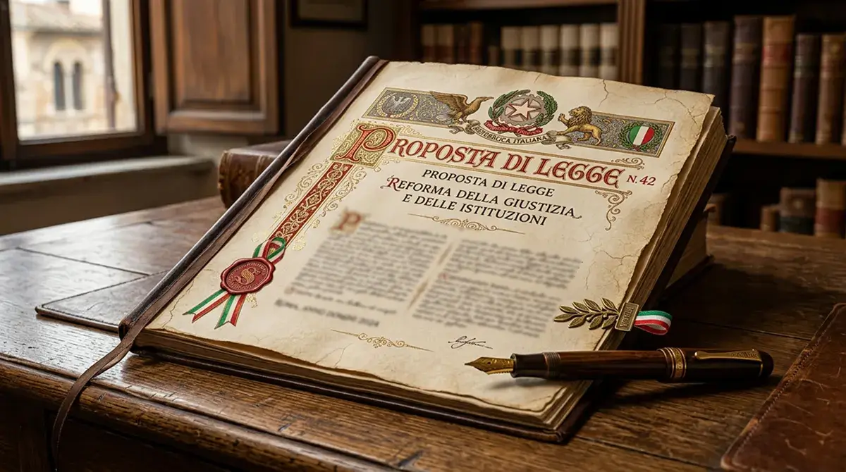 Documento legislativo italiano stilizzato accanto a una penna stilografica su scrivania