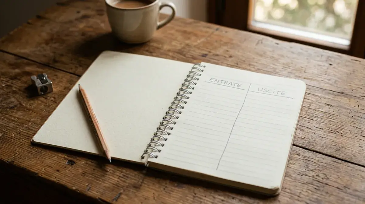 Notebook aperto con due colonne disegnate a mano e brevi annotazioni