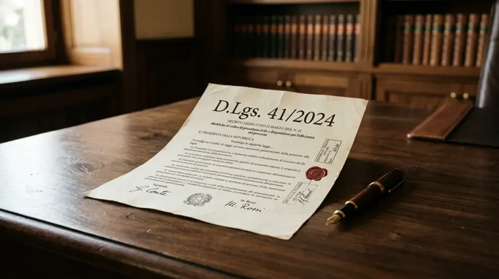 Documento normativo italiano stilizzato accanto a una penna stilografica su una scrivania in legno scuro