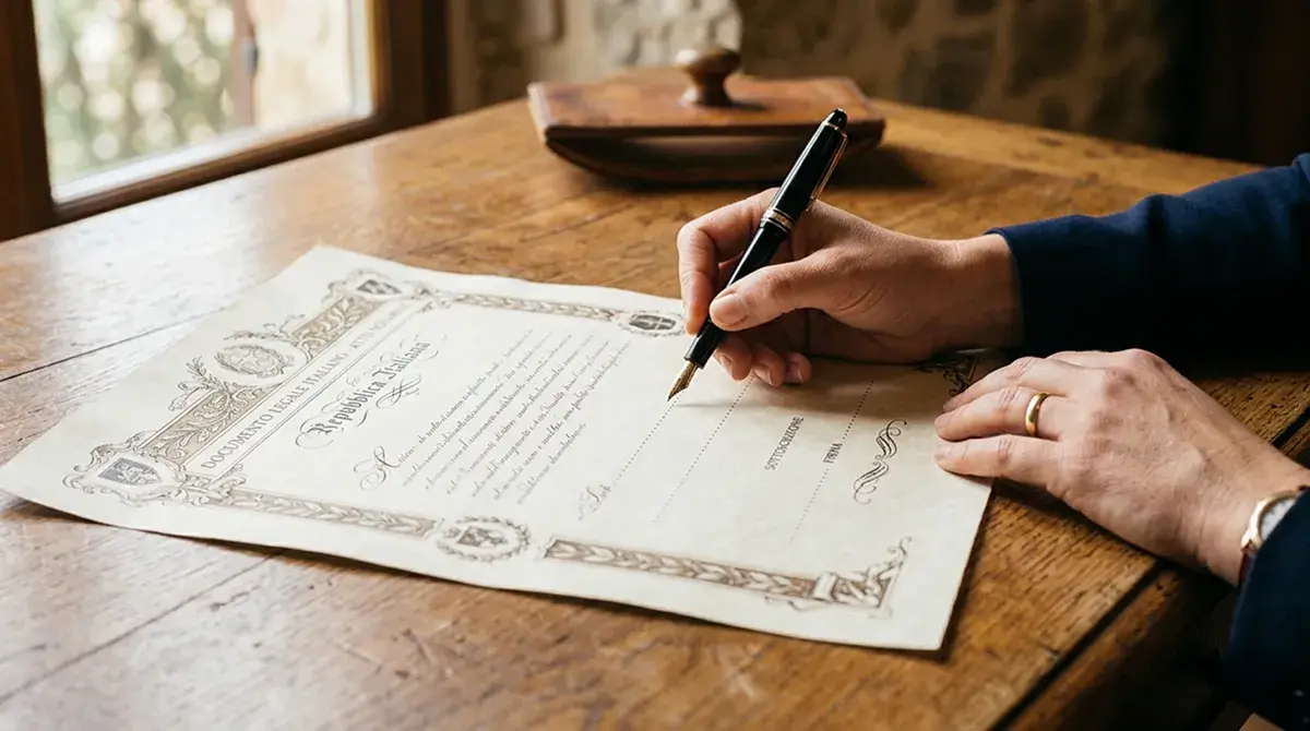 Mano che tiene una penna sopra un documento normativo italiano stilizzato