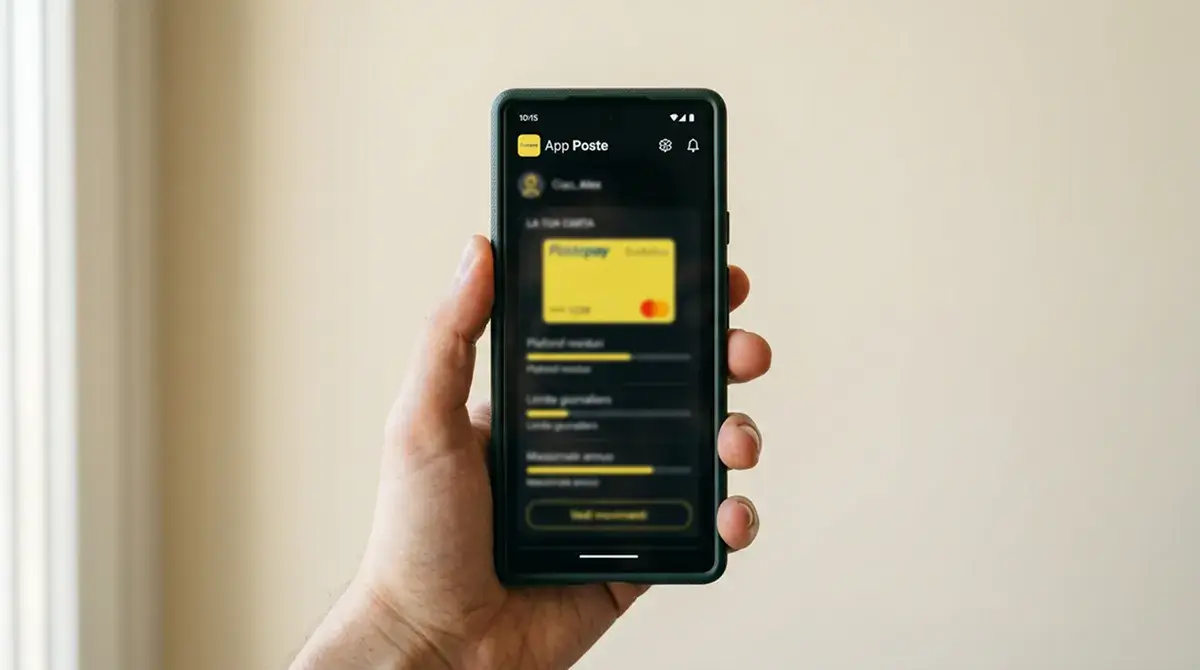 Schermata dell'app Postepay con visualizzazione del plafond residuo e dei limiti operativi giornalieri