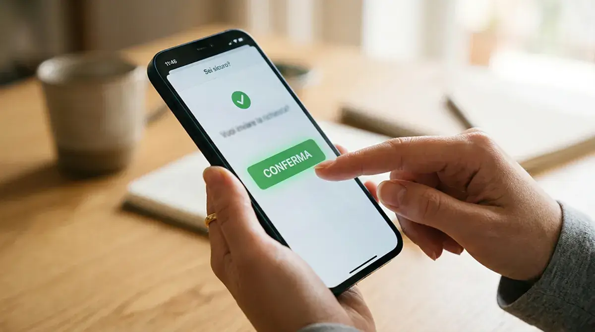 Mano che tocca lo schermo di uno smartphone con conferma di una transazione di deposito su sfondo neutro