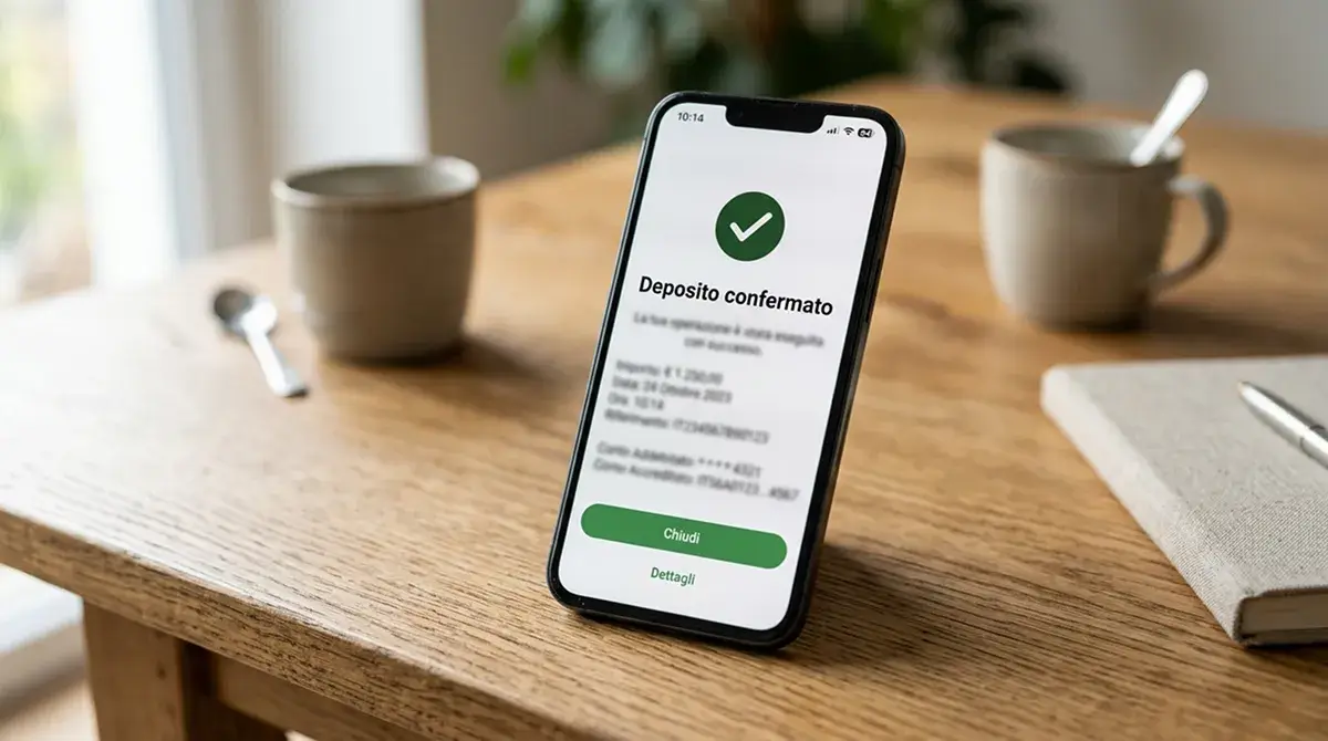 Schermata di smartphone con conferma istantanea di un deposito su interfaccia generica in italiano