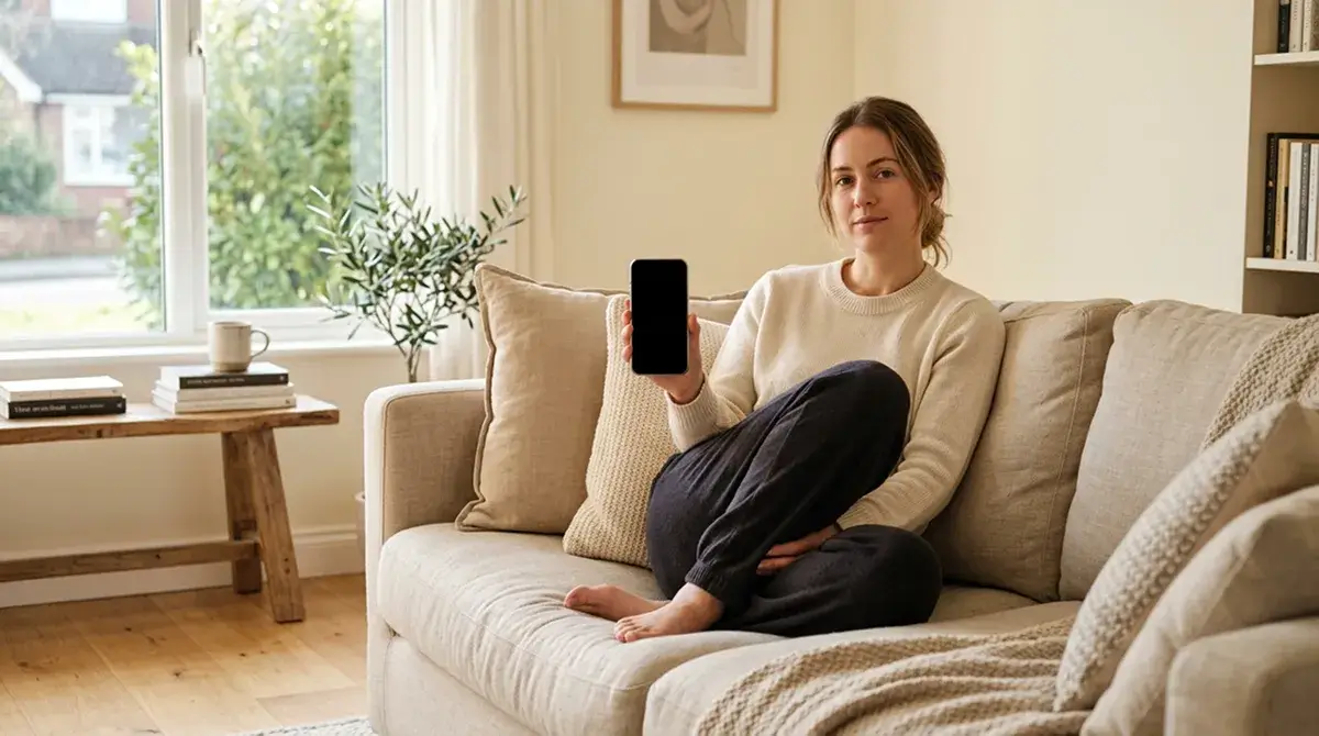 Persona che effettua un deposito tramite smartphone seduta comodamente su un divano