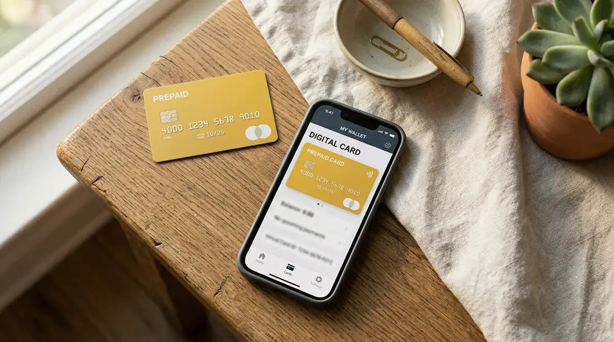 Due carte prepagate gialle stilizzate, una fisica e una visualizzata su schermo di smartphone