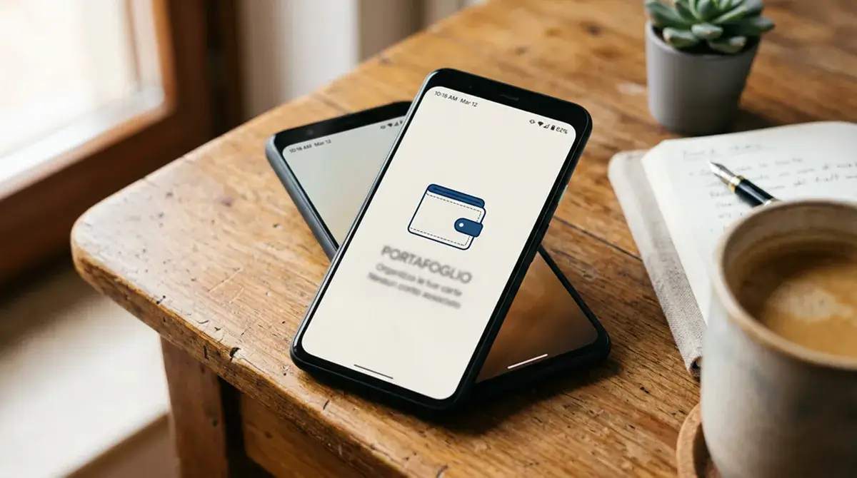 Schermo di smartphone con icona generica di portafoglio digitale in primo piano