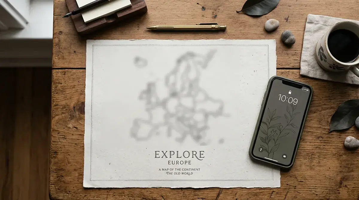 Mappa stilizzata d'Europa stampata su carta accanto a smartphone su tavolo in legno