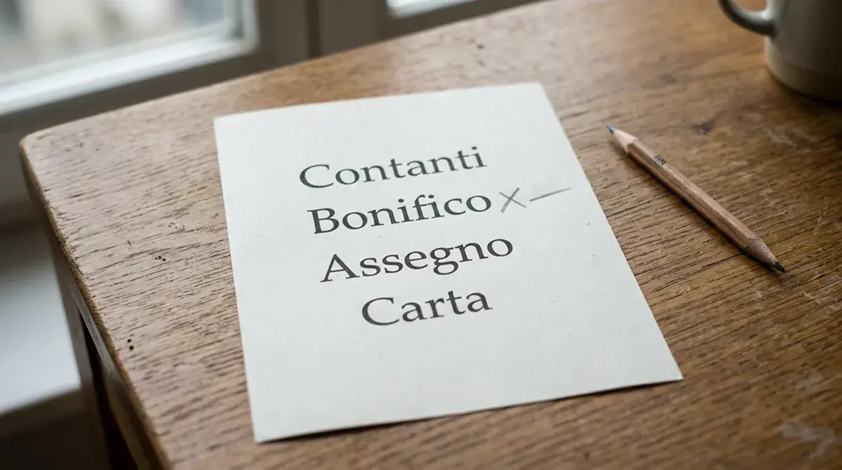 Foglio di carta stampato con elenco di metodi e una piccola annotazione laterale a mano in italiano