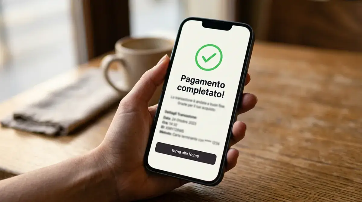 Schermata di smartphone con messaggio di pagamento completato senza ulteriori passaggi di verifica