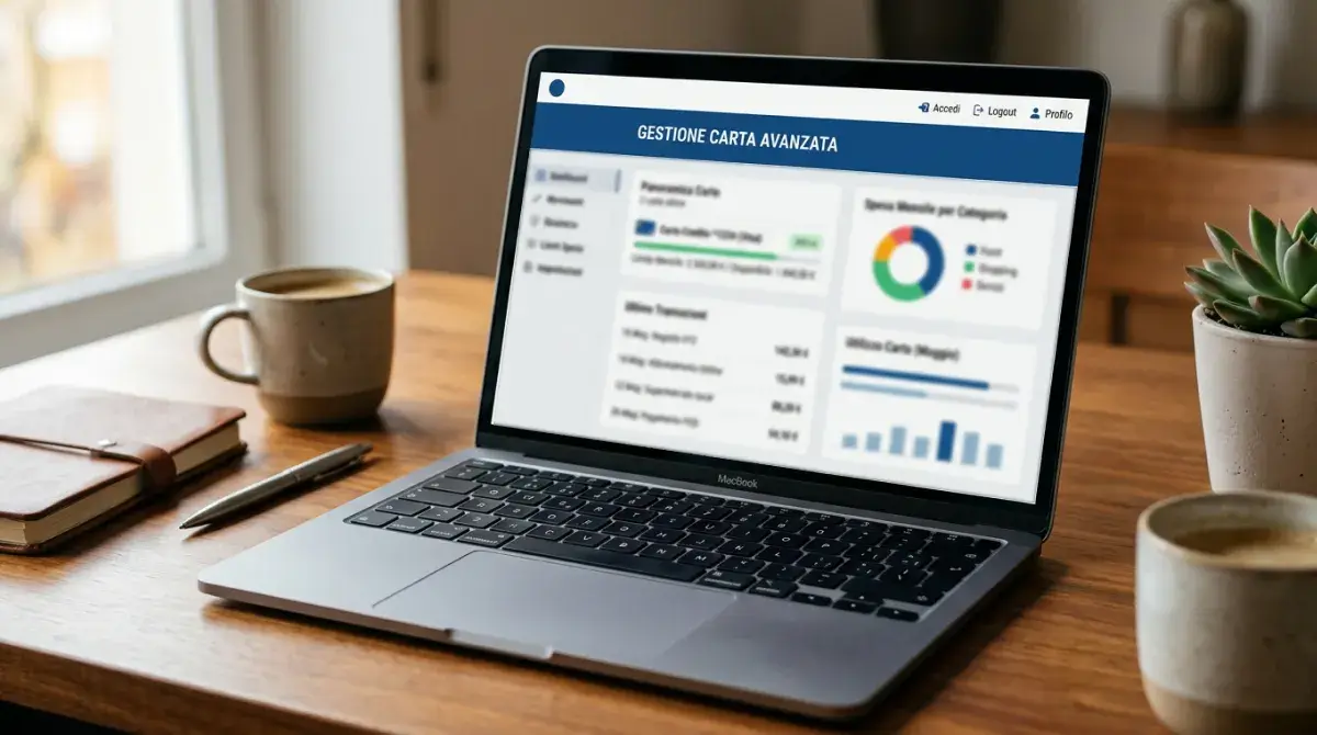 Schermata di laptop con dashboard generica di gestione carta avanzata in italiano